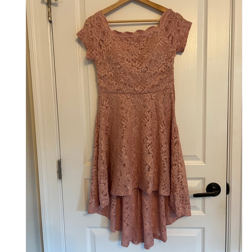 City Studio High Low Asymetrical Pink Metallic Sparkle Scalloped Neckline Ludio